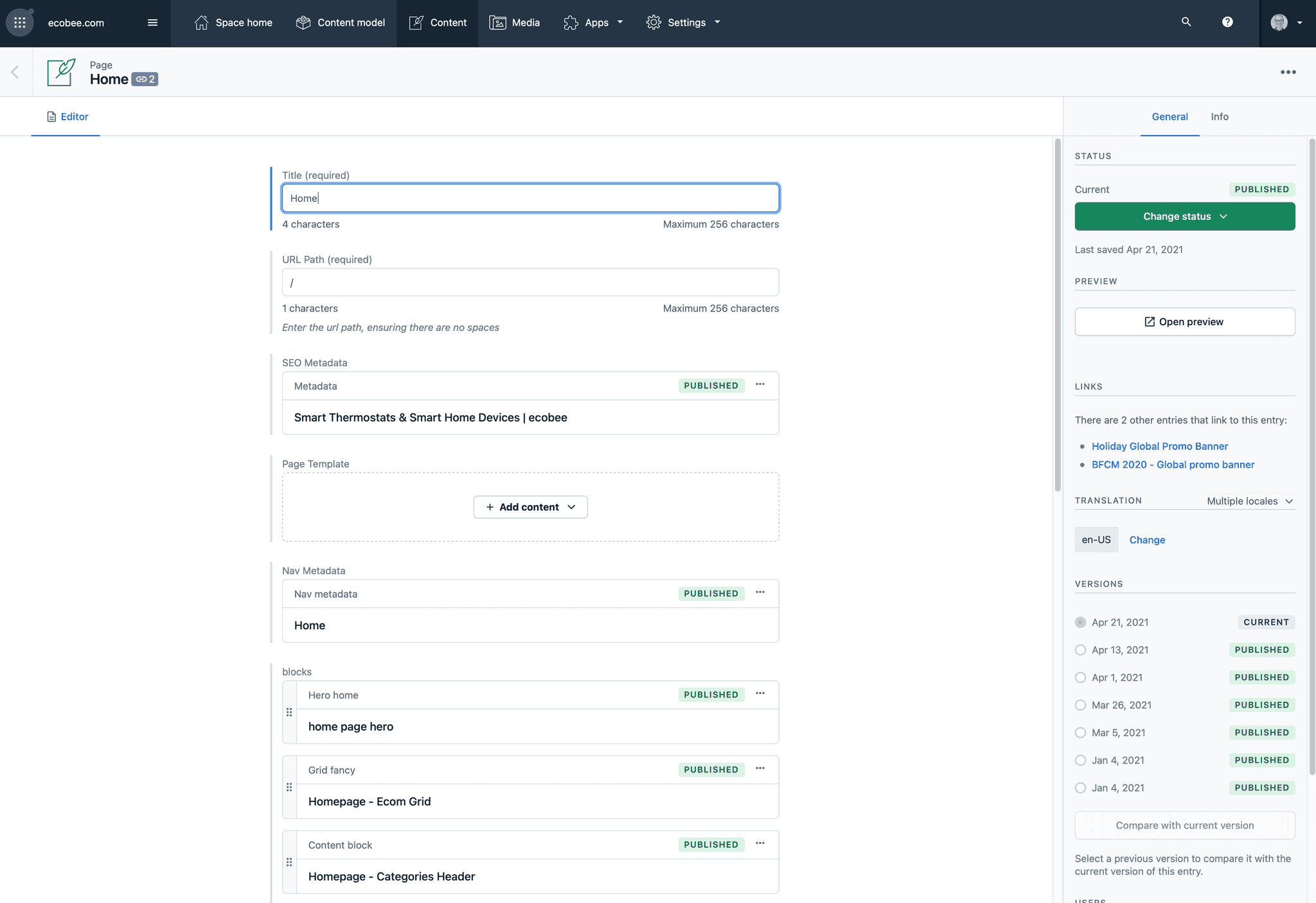 A screenshot of a Contentful entry showing pairs of input fields and their labels, like "Title", "URL", etc.