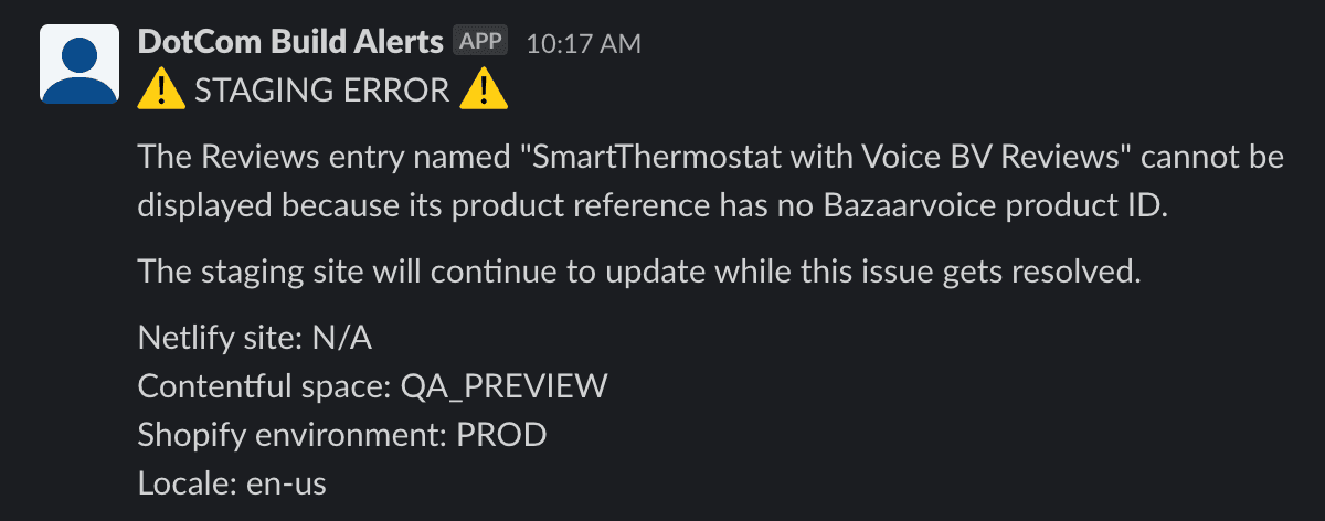 A message posted to Slack by "DotCom Build Alerts" explaining that a specific "Reviews" entry cannot be shown because one of its required fields is empty.