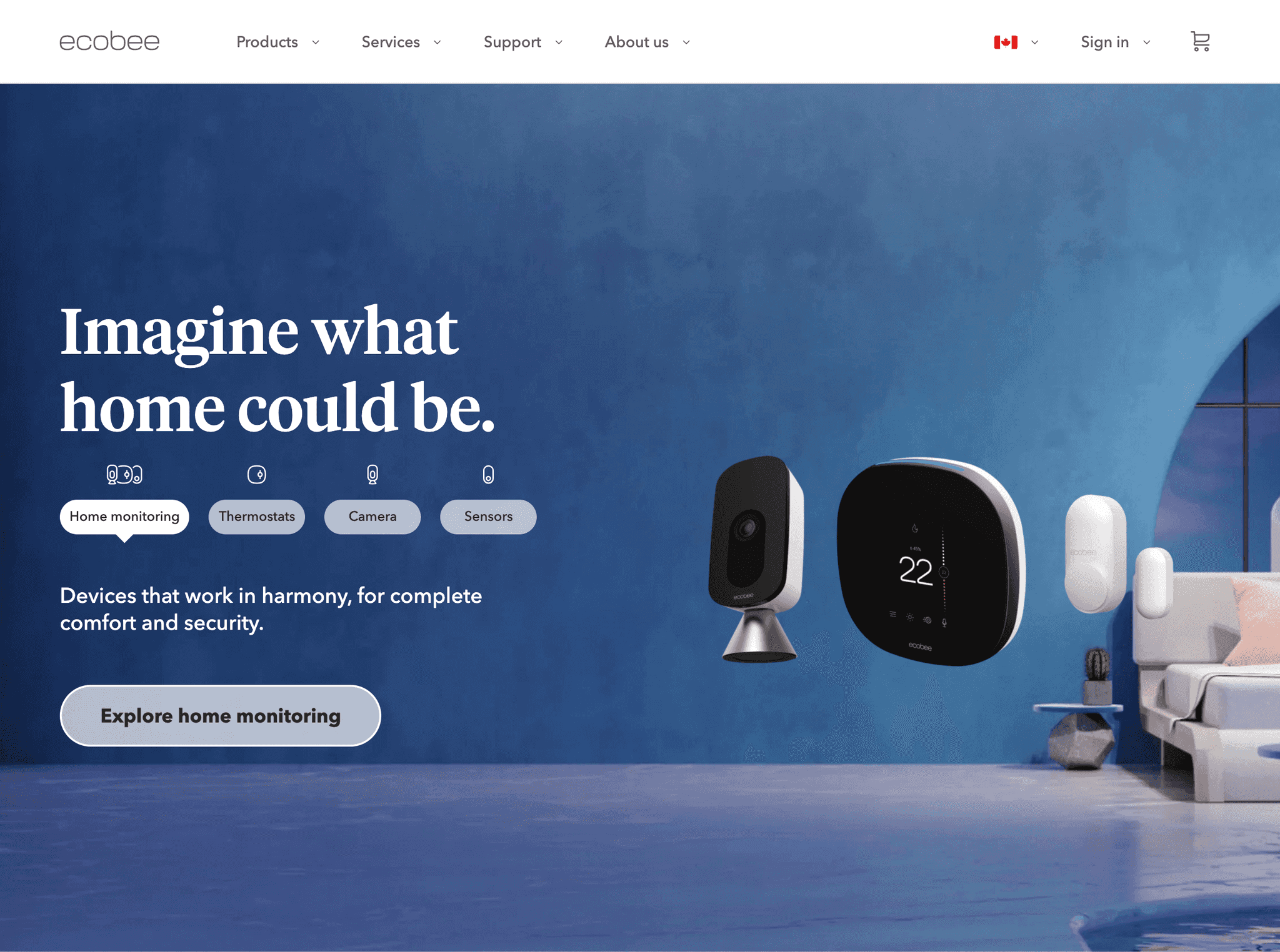 The top section of ecobee.com, showing an image of a Smart Camera, Smart Thermostat, and two Smart Sensors next to the words, "Imagine what could be".