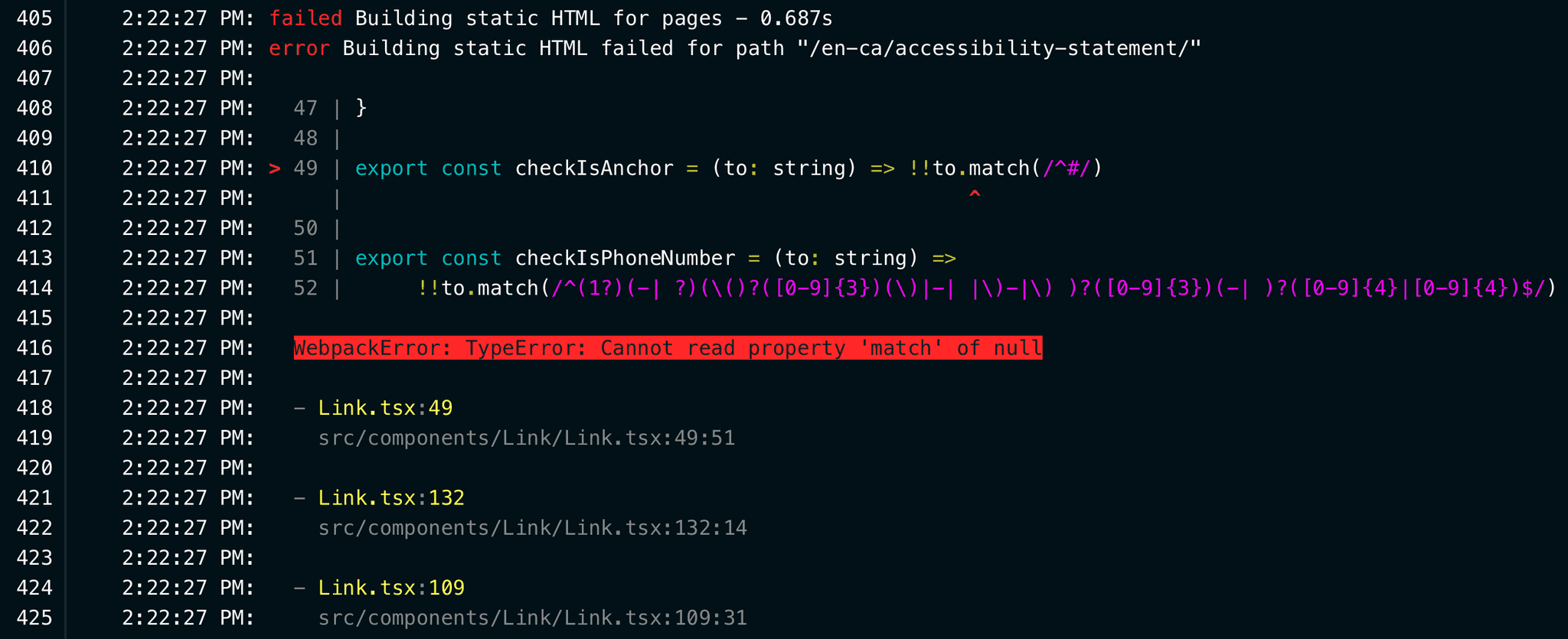 The console output of a failed website build showing an error in red that says "Cannot read property 'match' of null".